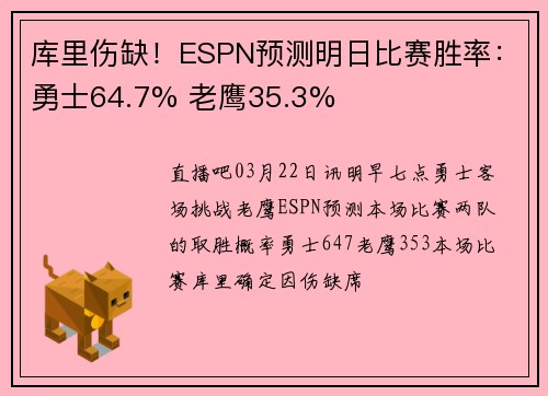 库里伤缺！ESPN预测明日比赛胜率：勇士64.7% 老鹰35.3%