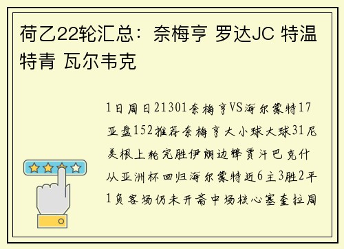 荷乙22轮汇总：奈梅亨 罗达JC 特温特青 瓦尔韦克